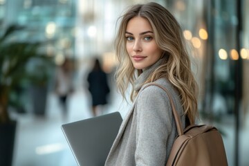 Wall Mural - Portrait of serious business woman with laptop, walking in city street commuting and going to work in the morning. Business on the go and mobile office, Generative AI