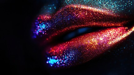 Poster - Close-up of vibrant, glossy lips shimmering with colorful glitters against a dark background, showcasing a stunning makeup finish. Generative AI