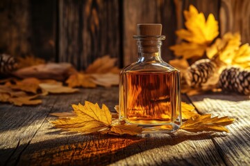 Aufkleber - A close-up view of a whiskey bottle surrounded by autumn leaves and rustic wooden accents in a cozy atmosphere. Generative AI