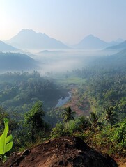 Wall Mural - Misty morning view of a valley with mountains in the distance.