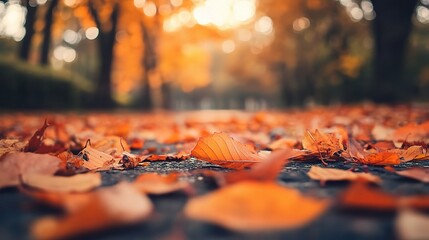 Poster - Autumn Leaves on a Paved Pathway in Warm Light