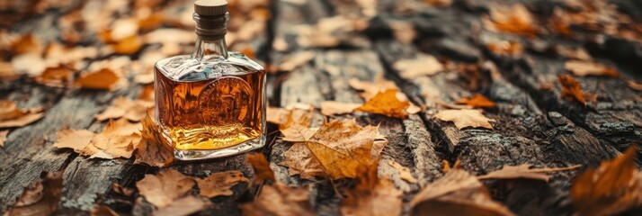 Poster - Close-up view of a whiskey bottle nestled among autumn leaves on a rustic wooden surface in a tranquil outdoor setting. Generative AI