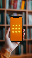 Poster - Smartphone displaying five star reviews on a bright screen, set against a library backdrop. Focus on customer satisfaction and online ratings.