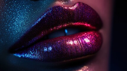 Poster - Close-up of glossy lips showcasing vibrant shades and a shiny finish under colorful lighting. Generative AI