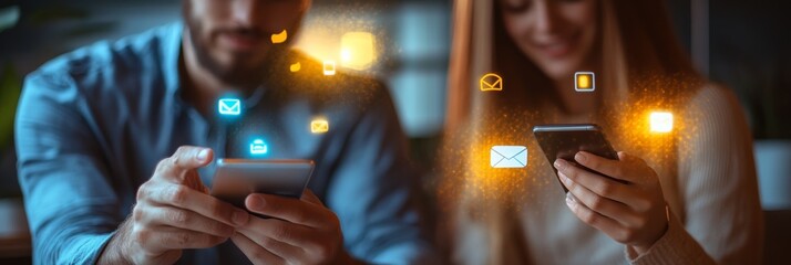 Poster - Young couple in a restaurant with smartphones and social media icons. Modern communication tools in an evening setting.