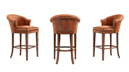 Luxurious brown leather bar stools with curved backs and wooden legs, perfect for modern or vintage interiors. These stylish chairs add elegance to any space