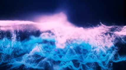 Poster - Abstract moving futuristic landscape of particles and dots of energy magic with glow and blur effect, abstract background. Video 4k, motion design