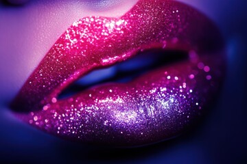 Poster - Glossy lips with a vibrant shine reflecting light in a close-up image for beauty inspiration. Generative AI
