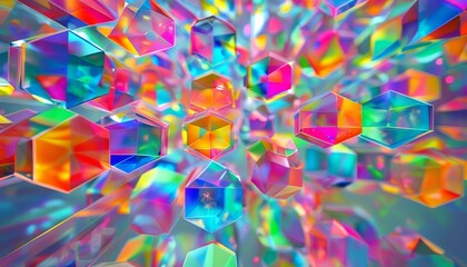 3D Abstract array of translucent polyhedrons suspended in mid-air, each one casting colorful light reflections. Made with generative AI technology