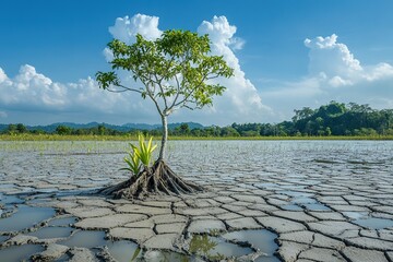 A tree is growing in a barren, dry, and cracked desert