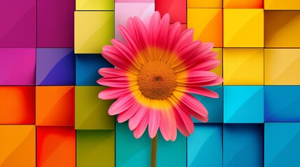 Wall Mural - A single pink daisy with a yellow center, growing from a colorful geometric background of squares.