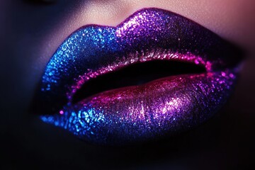 Poster - Close-up of glossy lips with a lively, shimmering finish in a dark setting. Generative AI