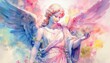 © CreativeVirginia - 淡いパステルカラーの水彩背景に、柔らかな色合いで描かれた天使の像が浮かび、平和、霊性、そして繊細さを感じさせるイメージ。
