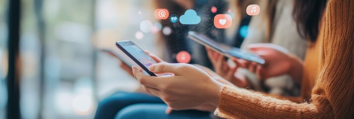 Poster - Young adult using dating app and texting on smartphone.