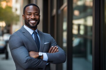 Wall Mural - Portrait of successful african american businessman, man in business suit smiling and looking at camera from outside office building, boss with crossed arms, Generative AI