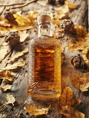 Aufkleber - Close-up view of a whiskey bottle surrounded by autumn leaves and pine cones on a rustic wooden surface. Generative AI