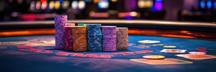 Aufkleber - A vibrant casino table at night featuring colorful stacks of poker chips and playing cards for an exciting game experience. Generative AI