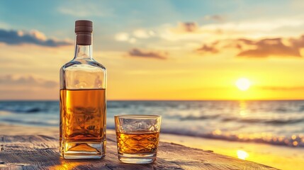 bottle and glass of whiskey at sunset ocean Generative AI