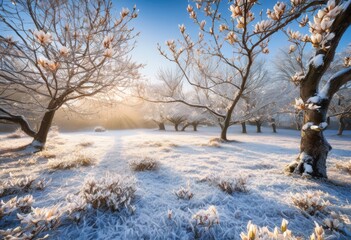 tranquil winter scene featuring snow covered ground graceful magnolia branches complimenting serene atmosphere, landscape, forest, trees, sky, clouds