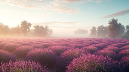 Canvas Print - Misty sunrise over a field of blooming purple lavender.