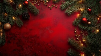 Wall Mural - Christmas tree branches with ornaments and lights on red background.