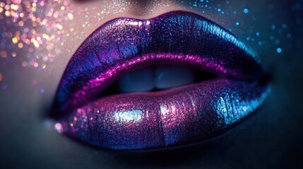 Poster - Glossy lips with vibrant, shiny finish decorated with sparkles lit by soft light to create an eye-catching beauty effect. Generative AI