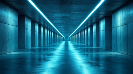 Poster - A long, narrow hallway with blue lights shining down on the floor