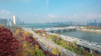 Sticker - Seoul South Korea time lapse city skyline at Hangang Bridge Nodeulseom Island and Han River view from Yongbongjeong Park in autumn