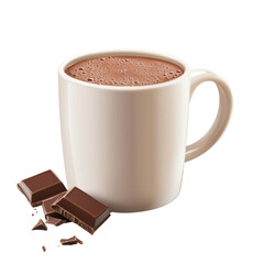 Rich hot chocolate in a white mug with chocolate pieces