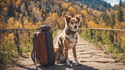 Wall Mural - dog traveler on the road