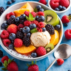 Fresh fruit bowl with vibrant berries and ice cream scoops creating a colorful summer dessert scene
