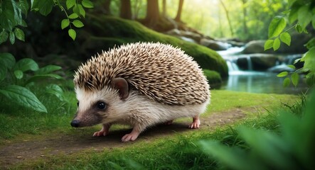 Wall Mural - Adorable hedgehog navigating through a lush green forest with a serene stream behind