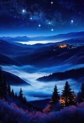 stunning vibrant night sky featuring blend twinkling stars fluffy clouds illuminating darkness, sunset, twilight, atmosphere, blue, milky, way, universe