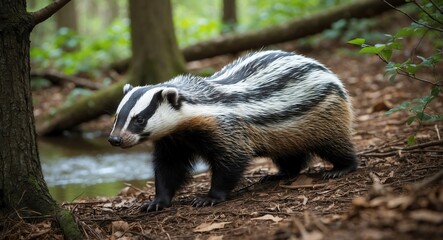 Wall Mural - Curious badger wandering through thick woods with a gentle stream in the background