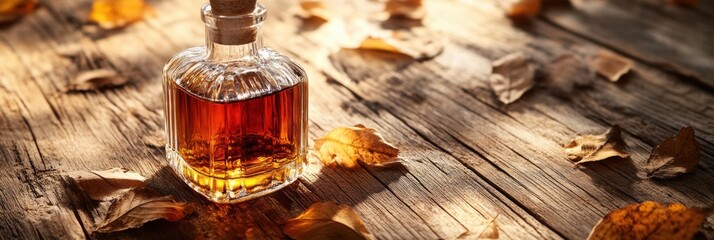 Poster - A close-up view of a whiskey bottle surrounded by autumn leaves on a rustic wooden table during the golden hour. Generative AI