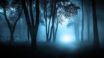 Spooky forest scene at night with eerie fog and ghostly blue lights illuminating the trees. The haunted atmosphere creates a chilling horror background perfect for Halloween or any creepy concept, wit