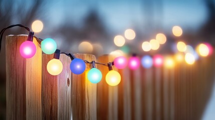 Wall Mural - A string of multicolored Christmas lights illuminating a wooden fence, creating a bright holiday feel.