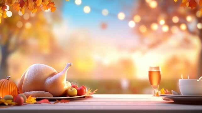 A Thanksgiving background with a beautifully roasted turkey being served on a festive autumn table.