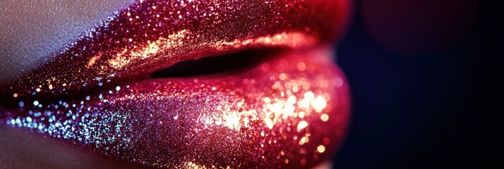 Poster - A close-up view of glossy lips reflecting vibrant colors in a dimly lit setting, showcasing their shiny finish and allure. Generative AI