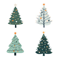 flat vector christmas tree with horizontal lines and lights
