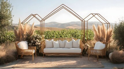 Geometric Arch Backdrop for Stylish Outdoor Event Design   Modern and Minimalist Floral Arrangement with Natural Elements on Display