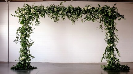 Poster - Minimalist Greenery Arch Backdrop with Clean Lines and Natural Foliage  This lush and organic floral arch creates an elegant and serene setting for weddings events or product photography