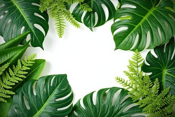 Sticker - Tropical greenery frame with monstera and fern leaves for nature-themed designs.