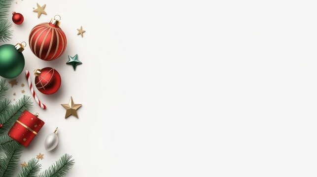 Classic Christmas card template with a festive red and green color scheme, customizable text, and holiday icons like ornaments and stars.