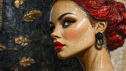 Canvas Print - Portrait of a Woman with Red Hair and Black Earrings