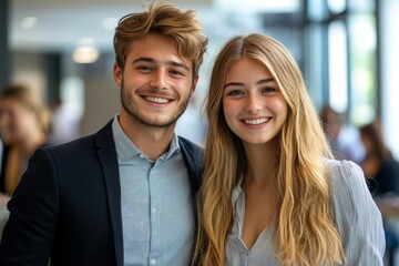 Two attractive smiling young office colleagues, Generative AI