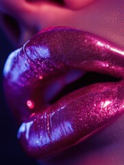 Poster - A close-up view of glossy, vibrant lips glistening under soft lighting in a modern beauty setting at twilight. Generative AI