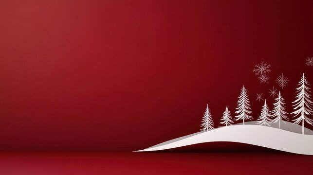Minimalist Christmas party invitation with sleek, modern typography on a deep red background, featuring delicate snowflakes and pine trees.