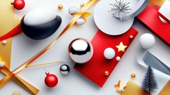 Modern Christmas party flyer with geometric shapes, abstract holiday elements, and bright pops of color. Eye-catching and creative.