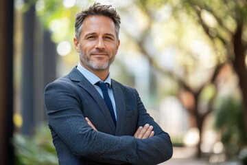 Canvas Print - Happy middle aged business man entrepreneur looking at camera outdoors. Smiling confident mature businessman professional executive, successful lawyer, Generative AI